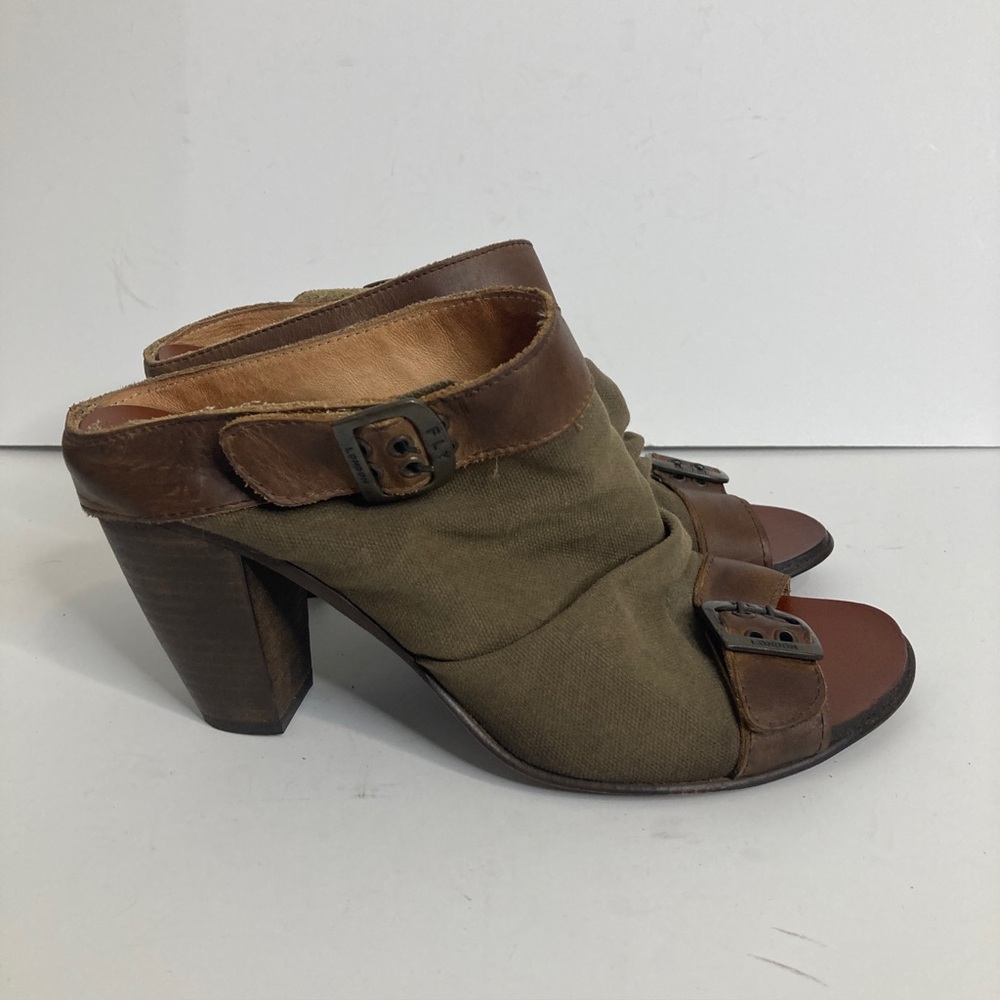 Fly London Heels Women 40 9 9.5 Khaki Brown Canvas Slouch Open Toe Buckle Sandal